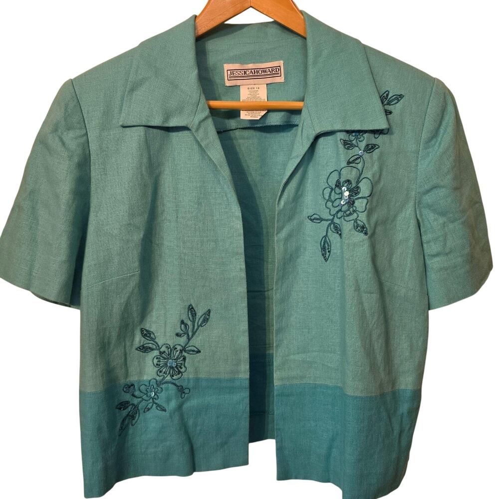 Jessica Howard Blouse Womens Size 10 Blue Linen Rayon Floral Embroidered Sequin